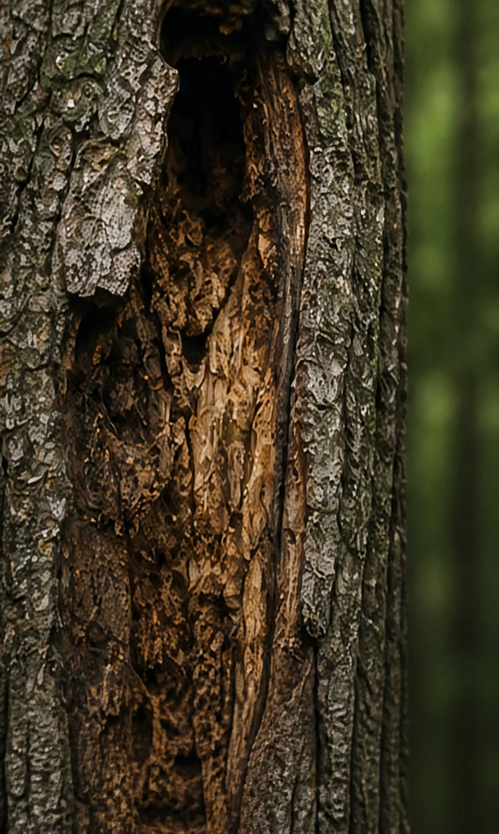 A vertical cavity and decayed wood visible inside mature tree bark