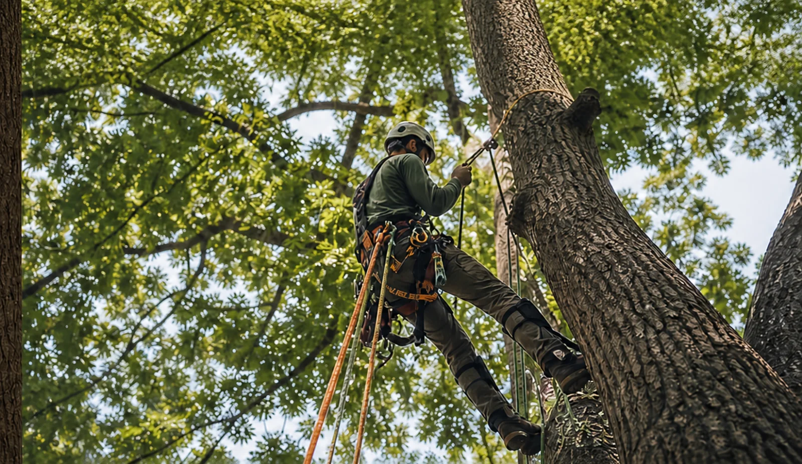 Arborist secured by climbing ropes while inspecting a mature tree canopy